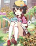  :d bandage bandages bird black_hair blurry blush bracelet brown_eyes bunny chick depth_of_field flower food fruit hat jewelry jin_young-in kneehighs looking_at_viewer one_side_up open_mouth original panties plaid plaid_skirt rabbit short_hair sitting skirt smile solo strawberry underwear watering_can white_legwear white_panties 