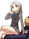  brown_hair crossed_legs edytha_rossmann grey_hair hat legs_crossed military military_uniform multiple_girls pantyhose pointer purple_eyes sitting sitting_on_person strike_witches sweatdrop tabigarasu uniform violet_eyes waltrud_krupinski 