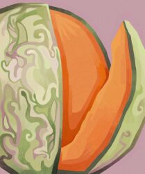  cantaloupe cantaloupe_slice commentary english_commentary film_grain food food_focus fruit hatching_(texture) highres limited_palette melon melon_slice no_humans no_lineart original pale_color purple_background quezify simple_background squiggle still_life triadic_colors 