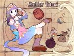 atelier_(series) atelier_totori bare_shoulders barrel bomb boots detached_sleeves dress grey_eyes headdress holding jar long_hair looking_at_viewer megahomu purple_hair silver_eyes skirt solo star test_tube title_drop totooria_helmold 