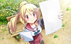  1girl artist_request bench black_sleeves blonde_hair blue_bow blue_bowtie blue_flower bow bowtie bush closed_mouth collarbone cowboy_shot day dot_nose flower from_above game_cg grey_scrunchie hair_between_eyes hair_ornament hair_scrunchie high-waist_skirt highres holding holding_paper jewelry kamihama_university_affiliated_school_uniform layered_sleeves leaf light_blush long_hair long_sleeves looking_at_object magia_record:_mahou_shoujo_madoka_magica_gaiden mahou_shoujo_madoka_magica mahou_shoujo_madoka_magica_magia_exedra manga_(object) nail_art official_art outdoors paper paper_stack park pink_eyes plaid_clothes plaid_skirt pleated_skirt pocket ponytail purple_flower red_sailor_collar red_skirt ring sailor_collar school_uniform scrunchie shirt short_over_long_sleeves short_sleeves sidelocks skirt smile solo sparkle tareme togame_momoko wavy_hair white_flower white_shirt yellow_flower 