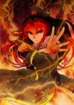  beret electricity fighting_stance fire flat_gaze hat highres hong_meiling lightning outstretched_hand red_hair redhead side_slit soba_tea solo touhou 