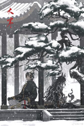  2boys absurdres architecture arknights artist_name black_shirt character_request chinese_commentary chongyue_(arknights) commentary_request dragon_boy dragon_horns dragon_tail east_asian_architecture fan_mu_zhang grey_pants highres horns indian_style long_hair male_focus multiple_boys pants shirt short_hair_with_long_locks sitting snow tail tree wang_(arknights) winter 