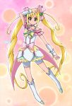  1girl akanex829 arm_up bike_shorts blonde_hair boots bow cure_echo dress frills hair_ribbon long_hair magical_girl pink_background precure precure_all_stars_new_stage:_friends_of_the_future precure_all_stars_new_stage:_mirai_no_tomodachi ribbon sakagami_ayumi shorts_under_skirt skirt smile solo twintails white_bike_shorts white_dress wrist_cuffs yellow_eyes 