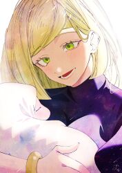  2girls aged_down alternate_costume baby blonde_hair blush green_eyes happy_tears highres holding_baby kana_(kanna_runa0620) lillie_(pokemon) lower_teeth_only lusamine_(pokemon) mother_and_daughter multiple_girls open_mouth pokemon pokemon_sm short_hair tears teeth upper_body 