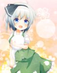  ahoge blue_eyes dress_shirt ghost hairband highres hitodama holding konpaku_youmu konpaku_youmu_(ghost) open_mouth raira shirt silver_hair skirt solo tears touhou vest young 