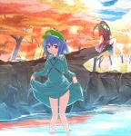  aki_minoriko aki_shizuha barefoot blonde_hair blue_eyes blue_hair bow breasts dress dress_lift food frills front_ponytail fruit grapes green_eyes green_hair hair_bobbles hair_bow hair_ornament hair_ribbon hat ibuki_notsu kagiyama_hina kawashiro_nitori key long_hair looking_at_viewer looking_up multiple_girls notsugimi open_mouth red_dress ribbon short_hair sitting smile touhou tree twintails wading water 