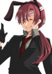  animal_ears bandage bandages black_gloves bunny_ears closed_eyes eyes_closed formal gloves half_gloves inu_x_boku_ss long_hair male natsume_zange necktie ponytail red_hair redhead smile solo suit yamika_6414 