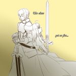  1girl ahoge armor bedivere braid cape closed_eyes dress english excalibur eyes_closed fate/stay_night fate_(series) gauntlets hair_down hands_on_hilt kariya-kun monochrome puffy_sleeves saber sword weapon 