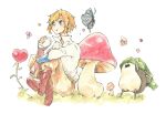  blue_eyes bottle butterfly gloves hat heart highres kikwi link machi male mushroom pointy_ears skyward_sword the_legend_of_zelda traditional_media 