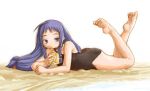  ahoge ass ayase_yue barefoot braid drink_carton drinking flat_chest juice_box kasuga_yukihito long_image mahou_sensei_negima! on_stomach one-piece_swimsuit purple_eyes purple_hair solo swimsuit toe_scrunch toes twin_braids violet_eyes 