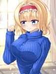  1girl absurdres alice_margatroid bangs blonde_hair blue_eyes blue_sweater blush breasts closed_mouth curtains eyebrows_visible_through_hair eyes_visible_through_hair fidgeting frilled_hairband frills hair_between_eyes hairband hand_up heart heart-shaped_pupils highres large_breasts light long_sleeves looking_to_the_side playing_with_hair red_hairband reijing_etrn ribbed_sweater shadow short_hair solo sunlight sweater symbol-shaped_pupils touhou upper_body wall window 