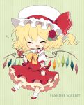  bad_id blonde_hair blue_rose blush bow character_name chibi closed_eyes eyes_closed fang flandre_scarlet flower hair_flower hair_ornament haru_(kyou) hat hat_ribbon heart laevatein open_mouth red_rose ribbon rose shirt short_hair side_ponytail skirt skirt_set smile solo the_embodiment_of_scarlet_devil touhou wings wrist_cuffs wrist_ribbon 