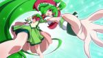  bike_shorts blue_background cosplay cure_march cure_march_(cosplay) dress dutch_angle front_ponytail green_background green_dress green_hair kagiyama_hina long_hair look-alike oborotsuki_kakeru open_mouth outstretched_hand ponytail precure red_eyes shorts_under_skirt skirt smile_precure! solo touhou very_long_hair wrist_cuffs 