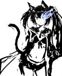  animal_ears bikini_top black_hair black_rock_shooter black_rock_shooter_(character) blue_eyes cat_ears cat_tail coat glowing glowing_eye kemonomimi_mode long_hair monochrome pas_(paxiti) scar short_shorts shorts solo spot_color tail twintails 