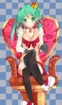  chair checkered checkered_background crossed_legs crown gloves green_eyes green_hair hatsune_miku highres legs_crossed shizuka_(deatennsi) sitting skirt solo thigh-highs thighhighs twintails vocaloid 