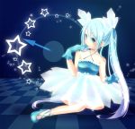  bare_shoulders blue_eyes blue_hair checkered checkered_floor finger_to_mouth gloves hatsune_miku long_hair mikoko_(mg2) sitting skirt solo star twintails very_long_hair vocaloid 