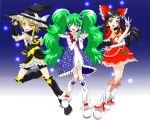  adapted_costume alternate_hairstyle bike_shorts black_hair blonde_hair blue_eyes bow braid cosplay cure_black cure_black_(cosplay) cure_white cure_white_(cosplay) dress futari_wa_precure futari_wa_precure_max_heart green_eyes green_hair hair_bow hakurei_reimu hat highres kirisame_marisa kochiya_sanae long_hair ltd_border multiple_girls parody precure shiny_luminous shiny_luminous_(cosplay) short_hair shorts_under_skirt single_braid style_parody touhou twintails witch witch_hat yellow_eyes 