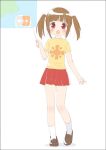  :d blush brown_hair footwear hina_(jwa) japan_weather_association loafers mascot open_mouth peko pointer red_eyes shoes skirt smile socks solo sun_(symbol) t-shirt twintails weather white_legwear 