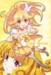  blonde_hair brown_eyes character_name cure_peace dual_persona hair_ornament izumi_rion kise_yayoi ponytail precure shorts_under_skirt skirt smile_precure! v yellow yellow_background 