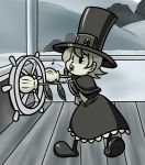  &gt;:o alternate_color bangs black_eyes capelet dress eyes gloves hat mechanical_arms mister_x_(shojinn) monochrome musical_note muted_color parody peacock_(skullgirls) ribbon ship's_wheel short_hair skullgirls solo standing steamboat_willie steering_wheel top_hat whistling 