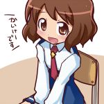  :d blush brown_eyes brown_hair chair ikkyuu necktie open_mouth precure sitting smile smile_precure! solo terada_runa translated translation_request v_arms 