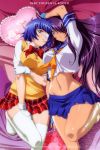  absurdres blue_eyes blue_hair eyepatch fingerless_gloves footwear gloves green_eyes hair_over_one_eye highres ikkitousen ikkitousen_shuugaku_toushi_keppuu-roku kan&#039;u_unchou kan'u_unchou legs lying miyazawa_tsutomu mound_of_venus multiple_girls official_art on_back purple_hair ryomou_shimei school_uniform serafuku short_hair socks thigh-highs thighhighs white_legwear zettai_ryouiki 