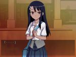  774_(nanashi) bag blue_hair blush brown_eyes cellphone hair_ornament hairclip long_hair nagatoro original phone school_uniform shirt skirt solo translation_request 