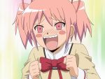  blush blush_stickers bow danshi_koukousei_no_nichijou excited hair_ribbon kaname_madoka mahou_shoujo_madoka_magica parody pink_eyes pink_hair ribbon ringo-chan_(danshi_koukousei) school_uniform seiyuu_connection shirosato short_twintails solo style_parody twintails yuuki_aoi 