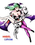  amaterasu animal_ears bare_shoulders barefoot bat_wings breasts capcom carrying cleavage company_connection demon_girl green_eyes green_hair head_wings long_hair marvel_vs._capcom marvel_vs._capcom_3 morrigan_aensland multiple_girls okami ookami_(game) pantyhose personification princess_carry short_hair succubus vampire_(game) white_hair wings wolf_ears 