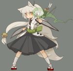  arai_seiryuu arrow bell copyright_request footwear fox_ears fox_tail glowing hair_stick holding long_hair multiple_tails ofuda open_mouth pleated_skirt ponytail quiver sandals skirt socks tail very_long_hair white_hair white_legwear yellow_eyes 