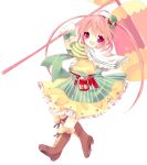  ahoge arms_up blush boots cape dress gloves hammer hat huge_weapon kosuzume long_hair mini_top_hat open_mouth original pink_hair red_eyes ribbon sash smile solo top_hat twintails weapon white_gloves yellow_dress 