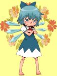  barefoot blue_eyes blue_hair bow cirno crossed_arms feet flower ice ice_wings onikobe_rin simple_background smile smug solo toes touhou wings yellow_background 