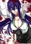  :p :q blood blood_stain blue_eyes bow breasts busujima_saeko cleavage collarbone down_blouse erect_nipples hanging_breasts highschool_of_the_dead hullabaloo large_breasts leaning_forward legs licking_lips long_hair looking_at_viewer purple_hair school_uniform side_slit skirt solo thighs tongue very_long_hair 