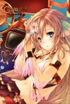  absurdres adjusting_hair armlet bare_shoulders blue_eyes blush breasts brown_hair ciel_nosurge flower gust hair_flower hair_ornament highres ionasol midriff mound_of_venus navel ntny parted_lips solo surge_concerto television 