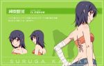  artist_request back bakemonogatari bandage bandages bare_shoulders black_hair character_name character_sheet cutoff_jeans kanbaru_suruga looking_back monogatari_(series) nisemonogatari official_art red_eyes short_hair short_shorts shorts smile translated translation_request tubetop watanabe_akio 