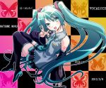  2012 aqua_eyes aqua_hair boots butterfly character_name checkered checkered_background dated detached_sleeves hatsune_miku komiru long_hair necktie open_mouth sitting skirt solo thigh-highs thigh_boots thighhighs twintails very_long_hair vocaloid 