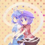  blue_dress blue_eyes blue_hair chawl dress hair_rings hair_stick hat jiangshi kaku_seiga miyako_yoshika multiple_girls ofuda outstretched_arms polka_dot polka_dot_background rowtan short_hair skirt smile star touhou vest zombie_pose 