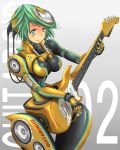  android ao_usagi bodysuit cable cassette_player cd_player electric_guitar green_eyes green_hair guitar hips instrument original personification plectrum short_hair smile solo speaker usb wide_hips wire 