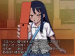  774_(nanashi) bag blue_hair blush brown_eyes cellphone grin hair_ornament hairclip long_hair nagatoro original phone school_uniform shirt skirt smile smirk solo sweatdrop translated translation_request 