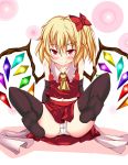  ascot bad_feet bare_shoulders black_legwear blonde_hair blush bow fang feet flandre_scarlet furagu hair_bow highres legs_up midriff navel no_hat no_headwear panties pantyshot pantyshot_(sitting) pantyshot_sitting pov_feet red_eyes short_hair side_ponytail sitting skirt skirt_set sleeveless solo the_embodiment_of_scarlet_devil thigh-highs thighhighs touhou underwear white_panties wings 