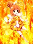  boots bowtie choker cure_sunny dress fiery_background fire gloves hair_bun hair_ornament hairpin hino_akane isumi magical_girl mismatched_footwear orange_(color) orange_background orange_dress orange_eyes orange_hair precure short_hair skirt smile smile_precure! solo 