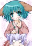  :3 alternate_hair_color animal_ears blush blush_stickers breath dress green_eyes green_hair highres inubashiri_momiji iwaki_hazuki kasodani_kyouko lavender_hair multiple_girls no_hat no_headwear o_o open_mouth revision short_hair smile snowflakes tail touhou wolf_ears wolf_tail 