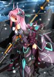  animal_ears armor blush breasts bunny_ears cloud copyright_request corset fatkewell gauntlets greaves highres leaning_forward long_hair mecha_musume original pink_hair plaid plaid_skirt polearm red_eyes ruins shield sideboob skirt spear thigh-highs thighhighs thrusters weapon 
