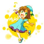  :d amber_(melo_pal!) amber_(palmelo!) bow brown_hair child dress green_eyes hat hat_bow melo_pal! musical_note open_mouth palmelo! rakuni sandals smile solo star translation_request wrist_cuffs 