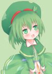  blush from_above green_eyes green_hair hat leaf leaf_on_head no_nose open_mouth original seoi_ha shize_(coletti) simple_background solo touhou 