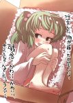  blush box full_body gaoo_(frpjx283) green_eyes green_hair hair_bobbles hair_ornament highres in_box in_container kisume open_mouth short_hair smile solo too_bad!_it_was_just_me! touhou translated translation_request twintails 