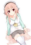  argyle argyle_legwear bad_id blush breasts cleavage from_above headphones large_breasts long_hair looking_at_viewer looking_up nitroplus pink_eyes pink_hair shorts simple_background sitting smile soburi solo super_sonico thigh-highs thighhighs white_legwear 