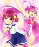  1girl :d antenna_hair arm_up armpits bow cure_happy dress dual_persona hair_bow head_wings hoshizora_miyuki koyu long_hair magical_girl nanairogaoka_middle_school_uniform necktie open_mouth pink pink_dress pink_eyes pink_hair precure school_uniform short_hair short_twintails skirt smile smile_precure! tiara twintails 