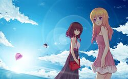  alternate_costume bag blonde_hair blue_eyes bow brown_hair cloud contemporary dusk/dawn_(artist) hair_bow handbag hat hat_removed headwear_removed long_hair maribel_hearn multiple_girls ocean purple_eyes short_hair sky sunlight touhou usami_renko violet_eyes 